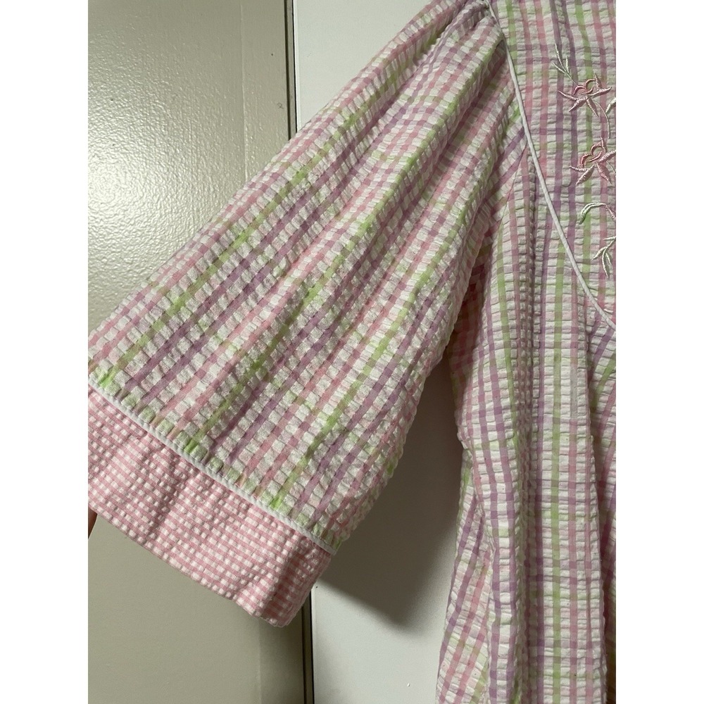 Miss Elaine Seersucker Zip Long Robe Housecoat Embroidered Pink Green Purple XL - Picture 3 of 6